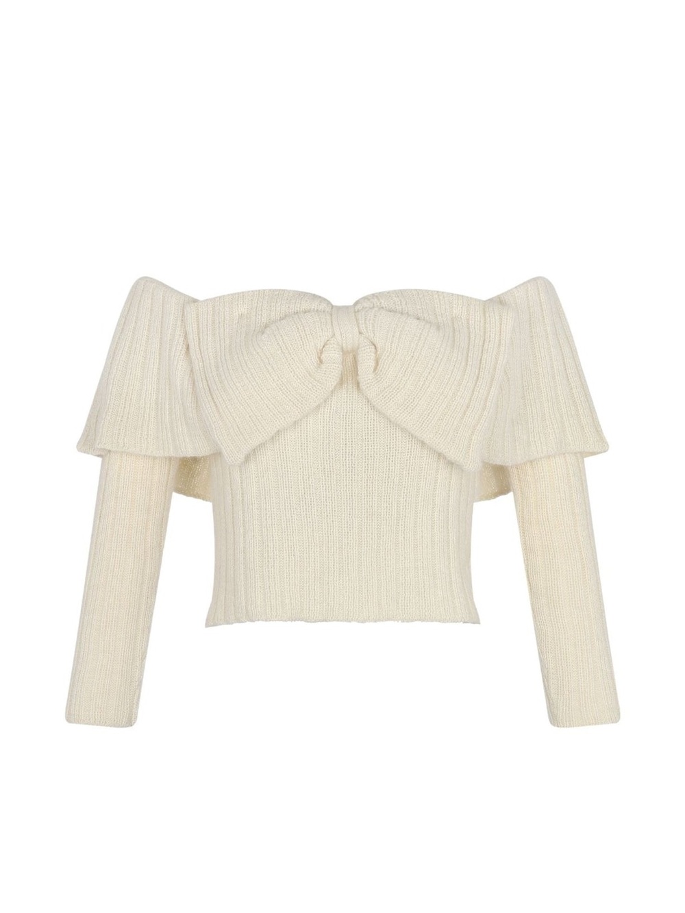 Off-the-Shoulder Cream Bow Ribbed Sweater